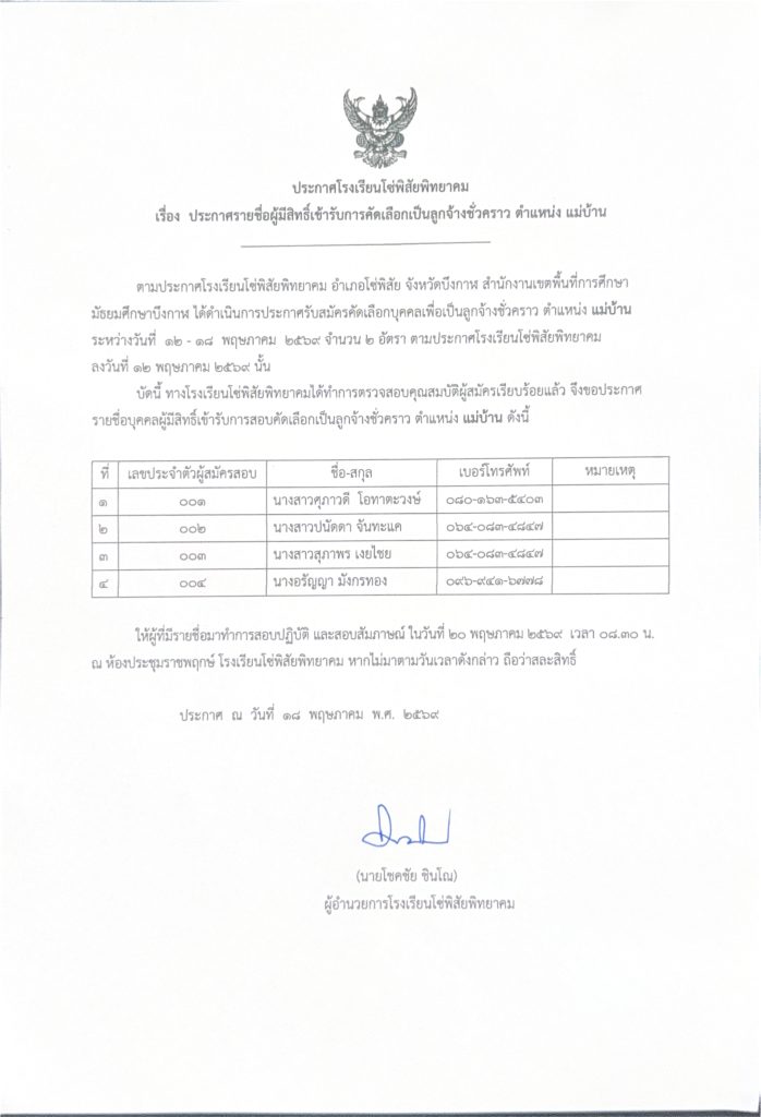 ประกาศโรงเรียนโซ่พิสัยพิทยาคม ผู้มีสิทธิ์เข้ารับการคัดเลือก